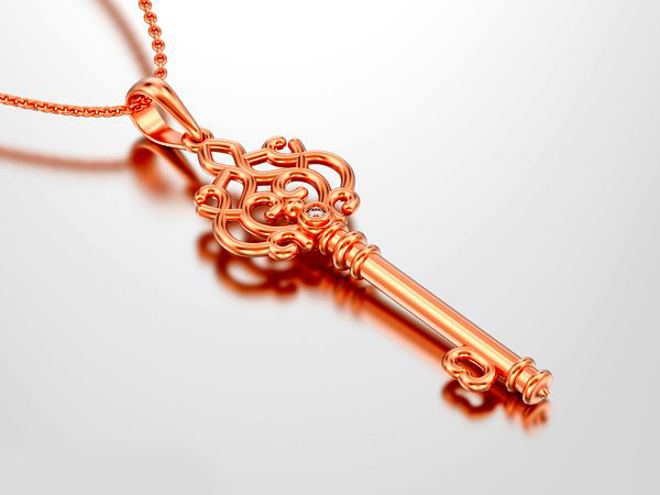 3D illustration red rose gold decorative key necklace on chain with diamond on a grey background